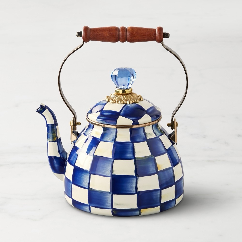 MacKenzie-Childs Royal Blue and White Checkered Teapot with Wooden Handle